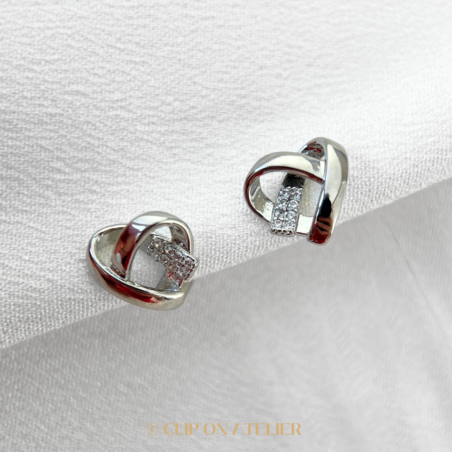Heart Love & CZ Diamond Clip on Earrings; Gold or Silver