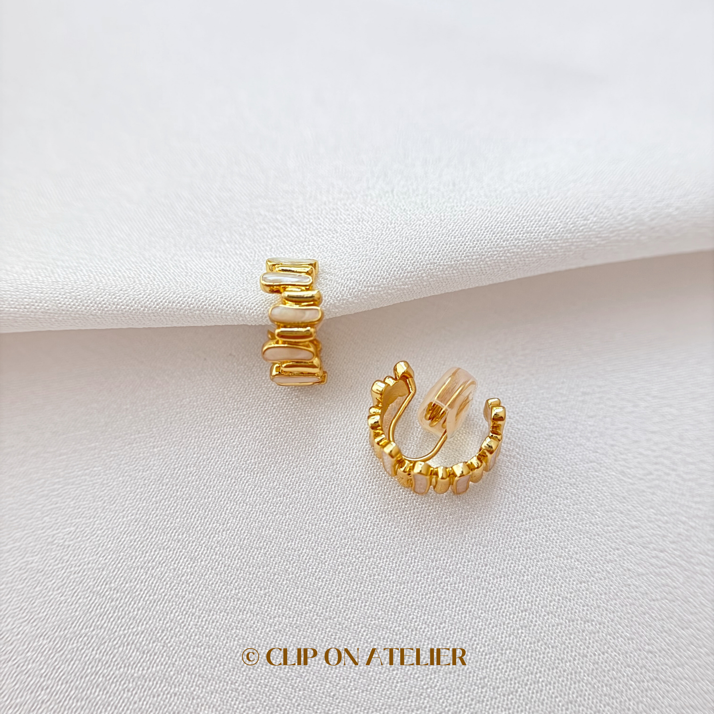 Artistic White Enamel Gold Hoop Clip On Earrings