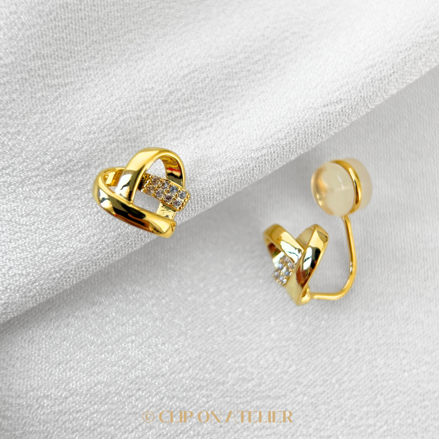Heart Love & CZ Diamond Clip on Earrings; Gold or Silver