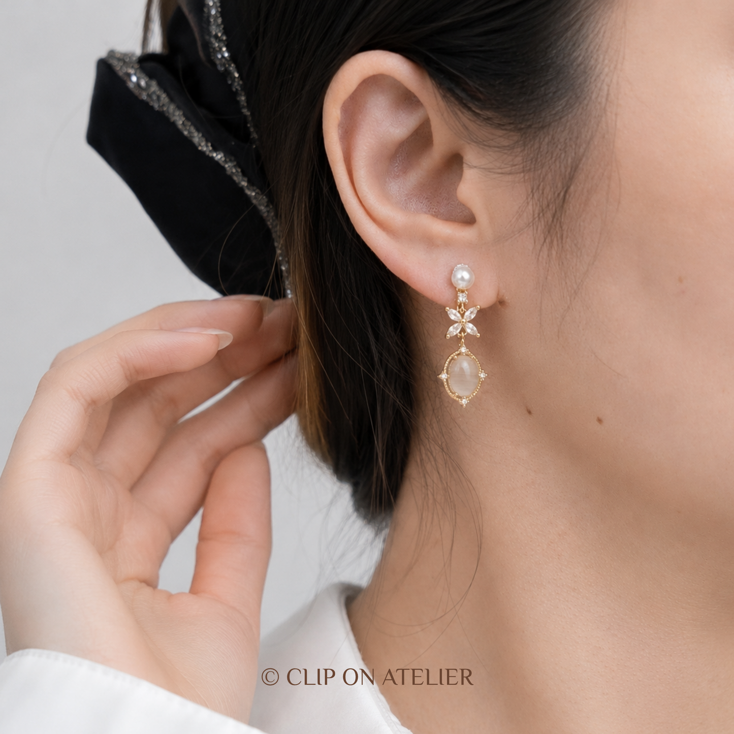 Art Deco Pearl Diamond Flower Drop Clip On Earrings