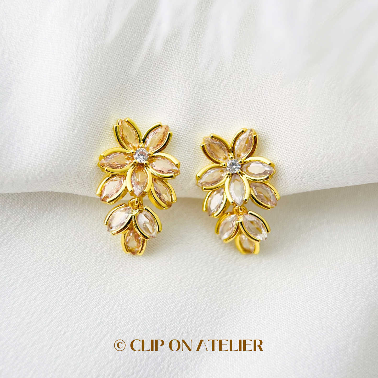 Luxe Diamond Flower Dangle Clip On Earrings