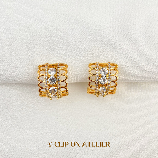 Gold / Silver Lace CZ Diamond Half Hoop Clip On Earrings