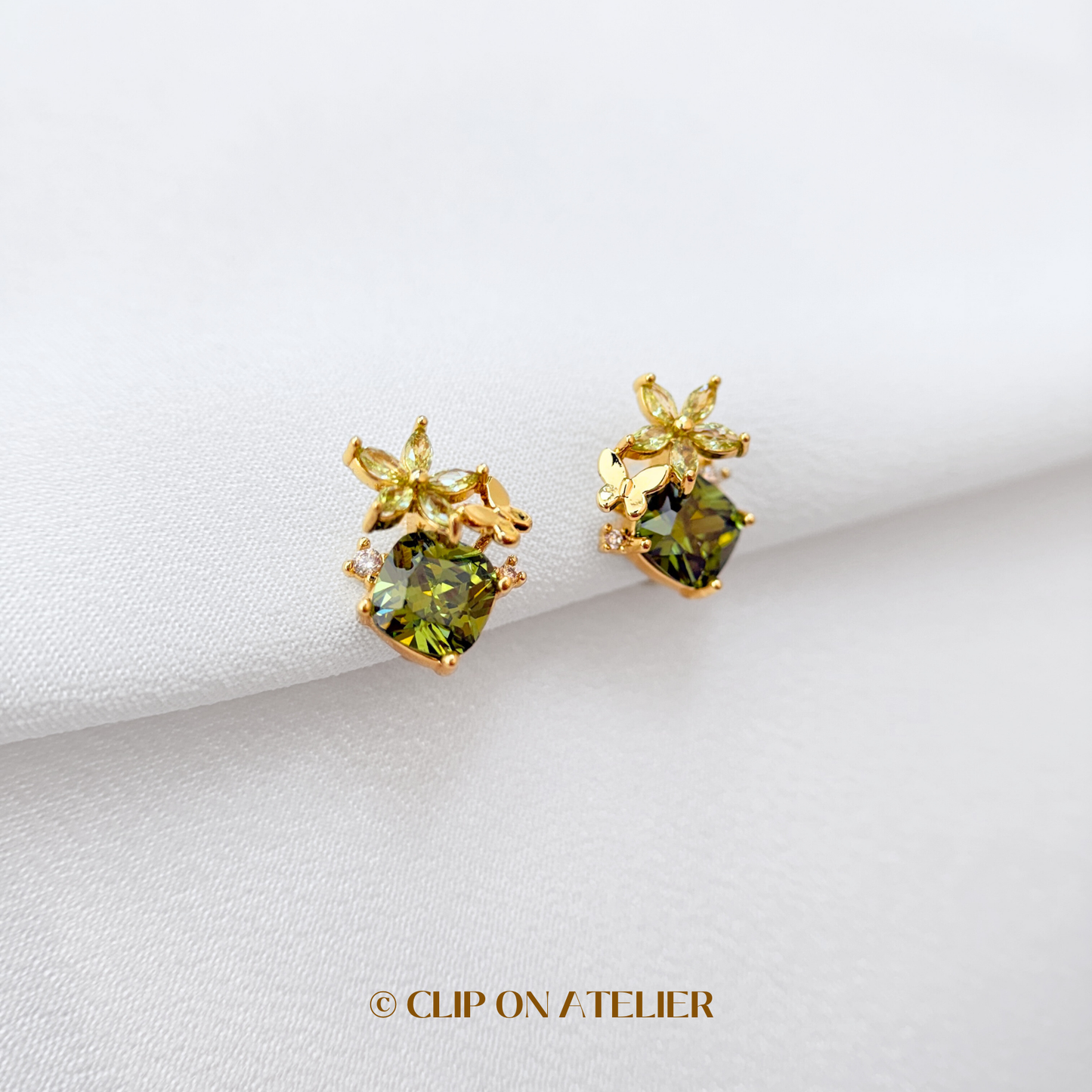 Dainty Green CZ Diamond Floral Clip On Earrings