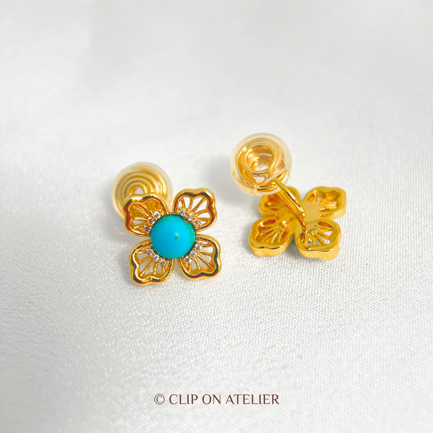 Delicate Gold Clover Turquoise Clip On Earrings