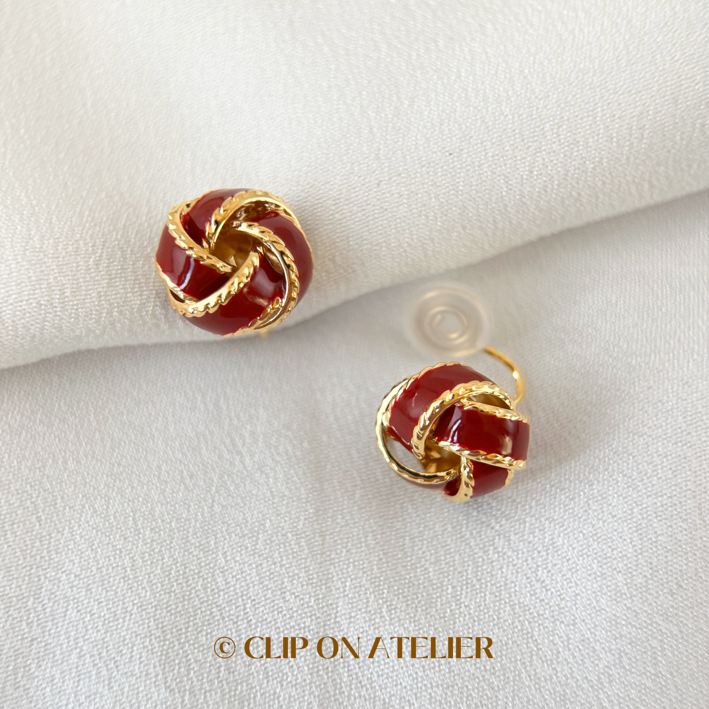 Burgundy Enamel Twisted Knot Gold Clip On Earrings