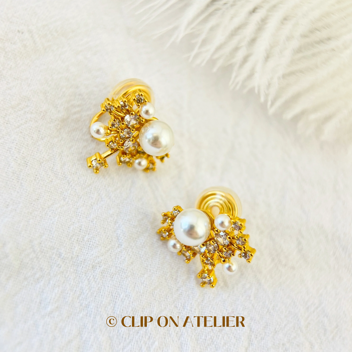 Luxe Minimalist Crystal Pearl CZ Diamonds Gold Clip On Earrings