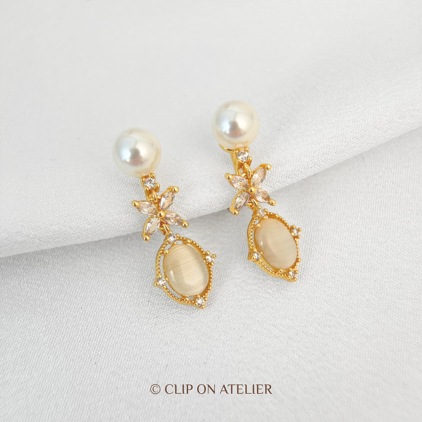 Art Deco Pearl Diamond Flower Drop Clip On Earrings
