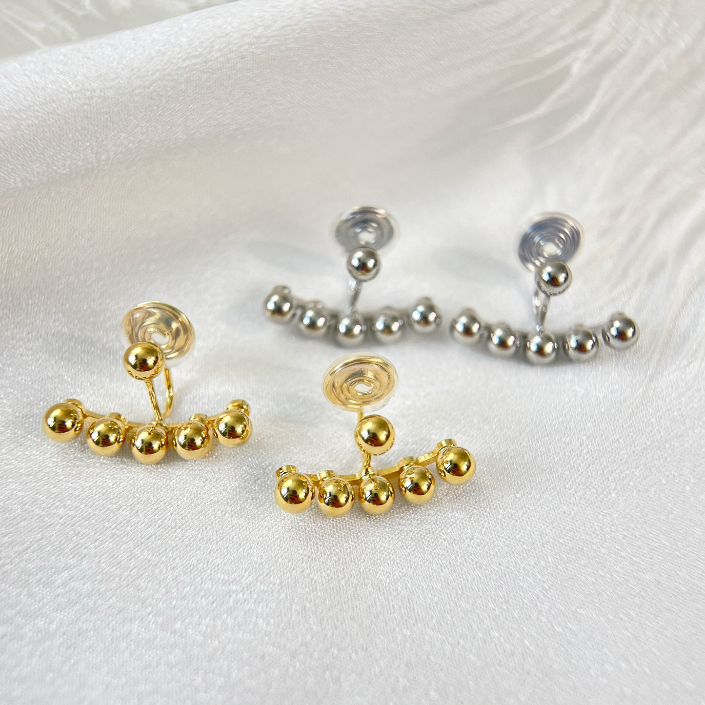 Small Balls Arc Shape Clip On Earrings, Gold & Silver