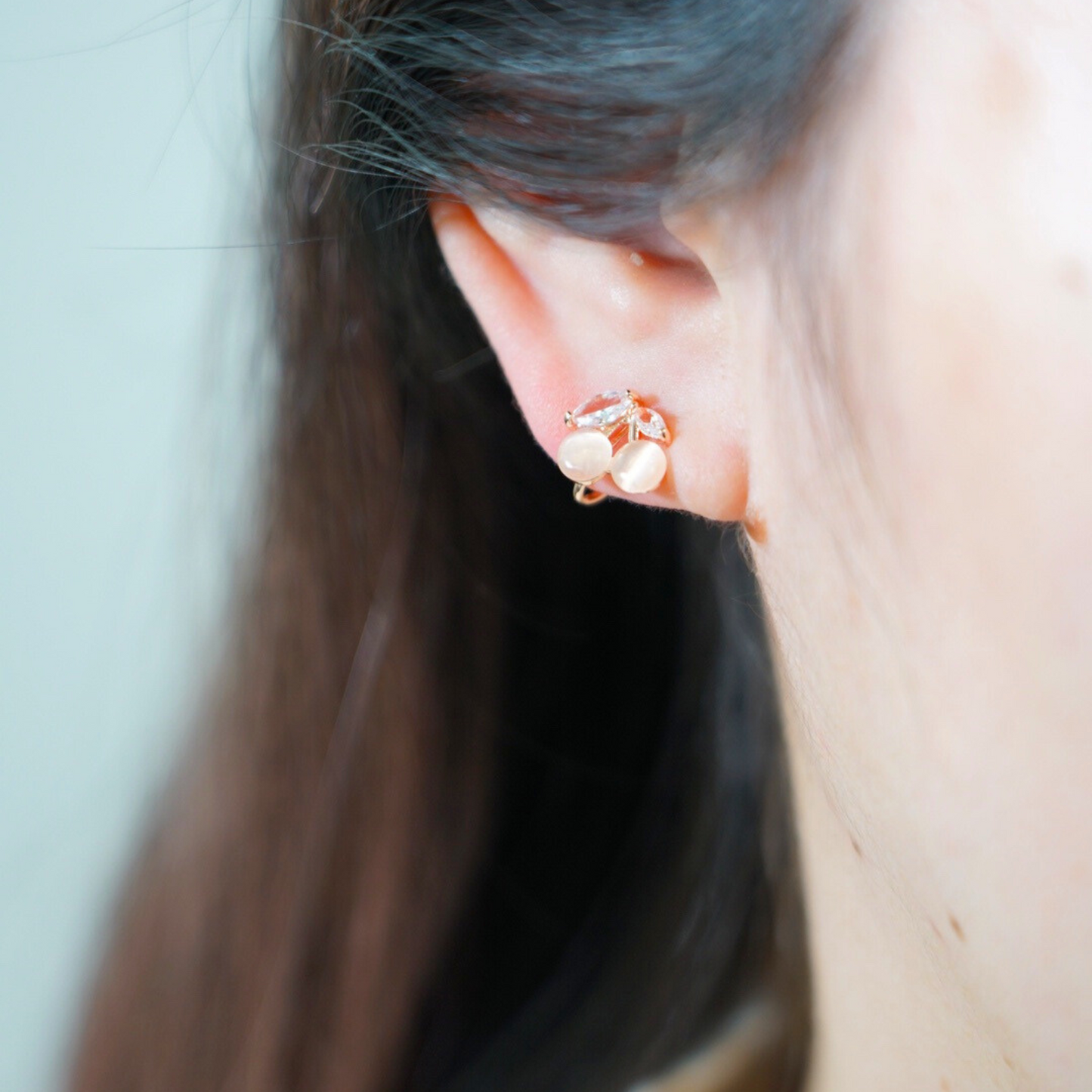 Small Cherries Hoop Clip On Earrings, Rose Gold