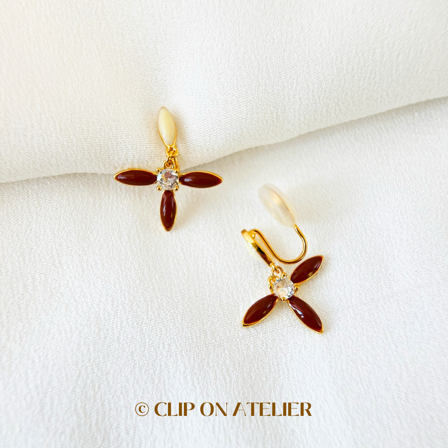 Brown Clover Flower Enamel Lucky Hoop Drop Clip On Earrings