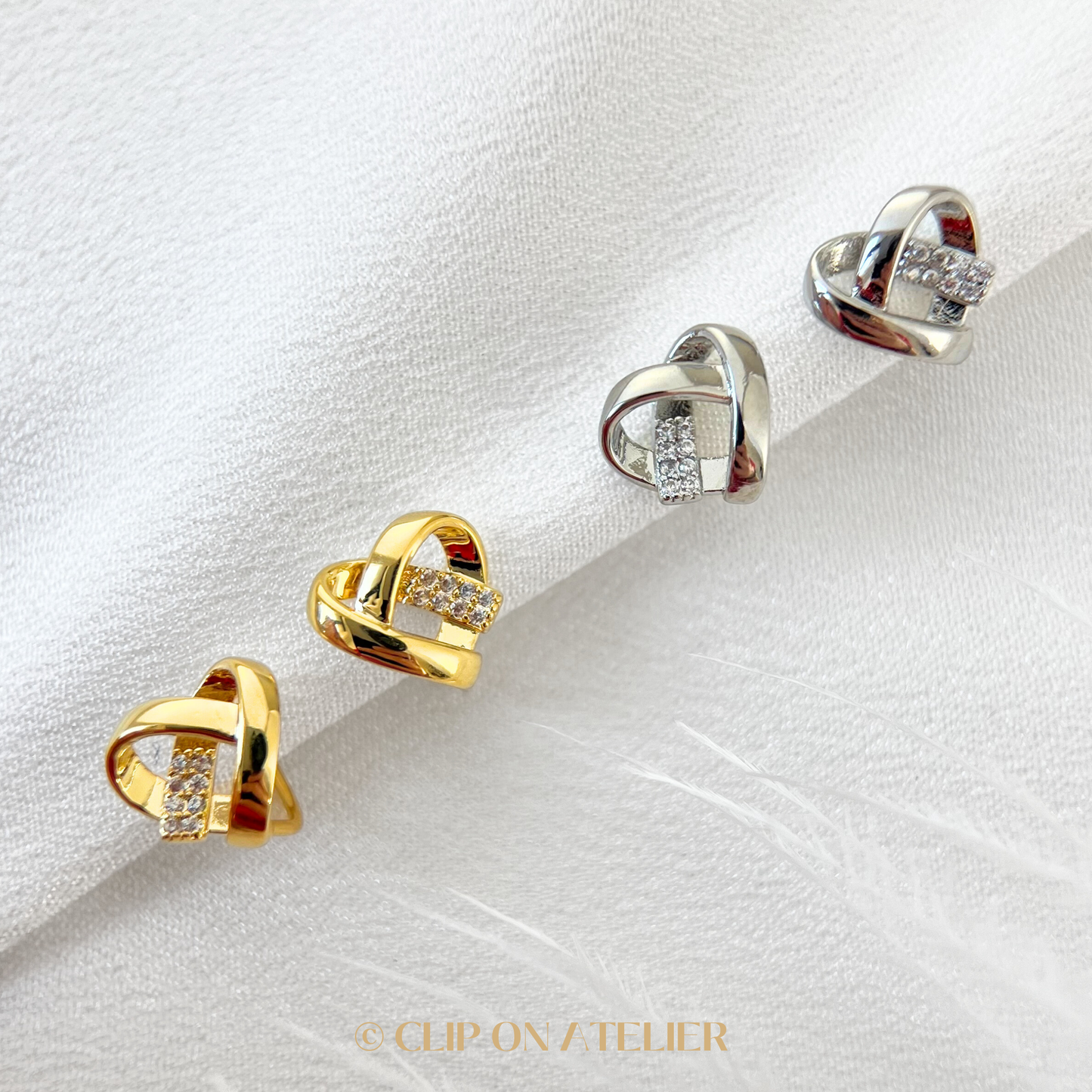 Heart Love & CZ Diamond Clip on Earrings; Gold or Silver