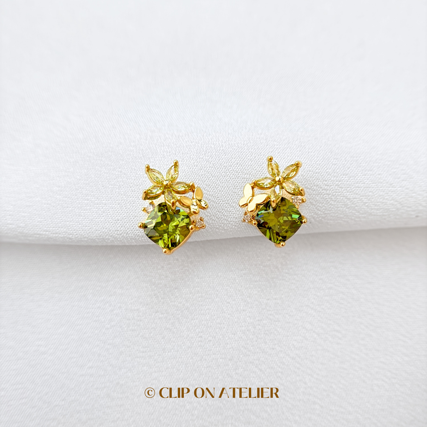 Dainty Green CZ Diamond Floral Clip On Earrings
