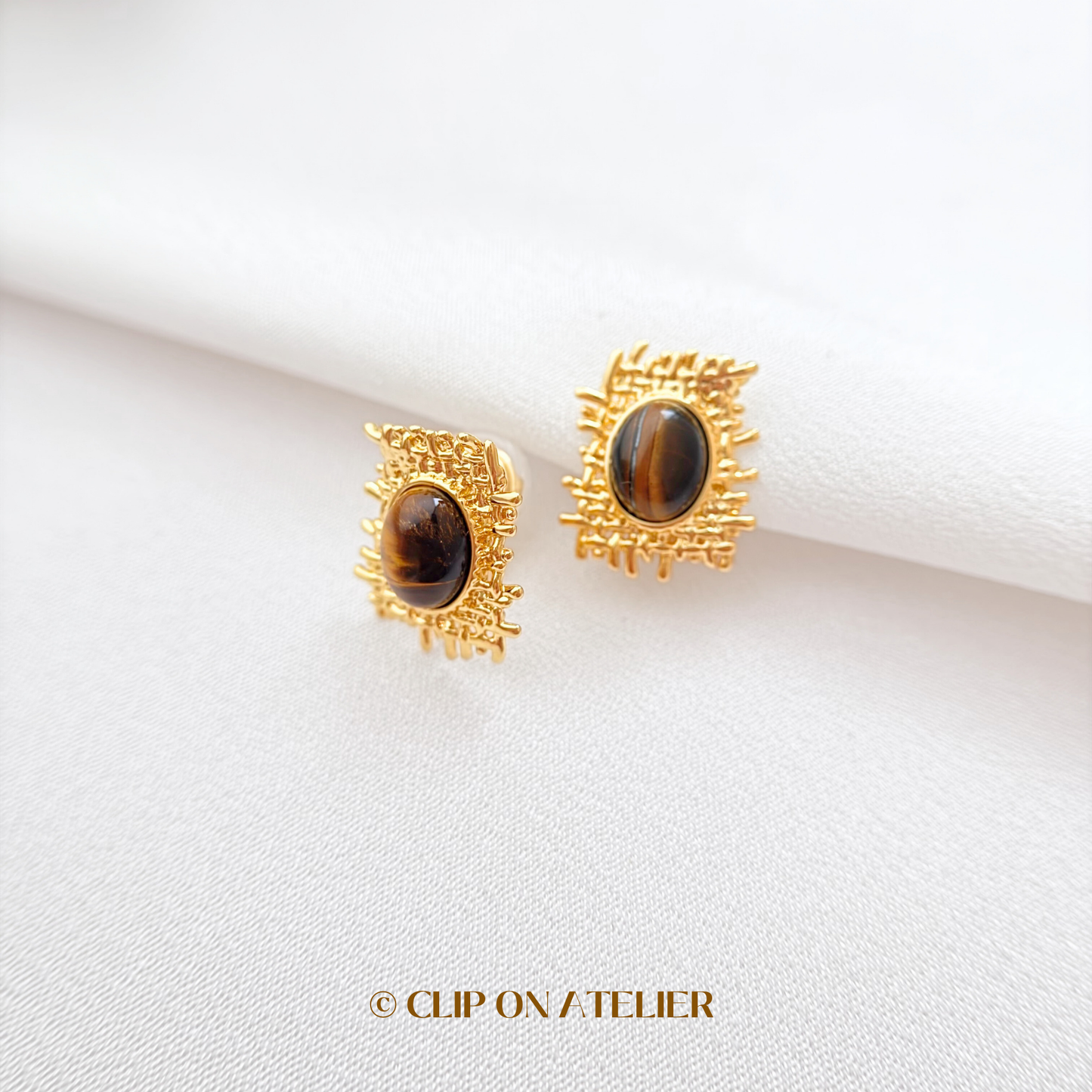Statement Tiger’s Eye Modern Clip On Earrings