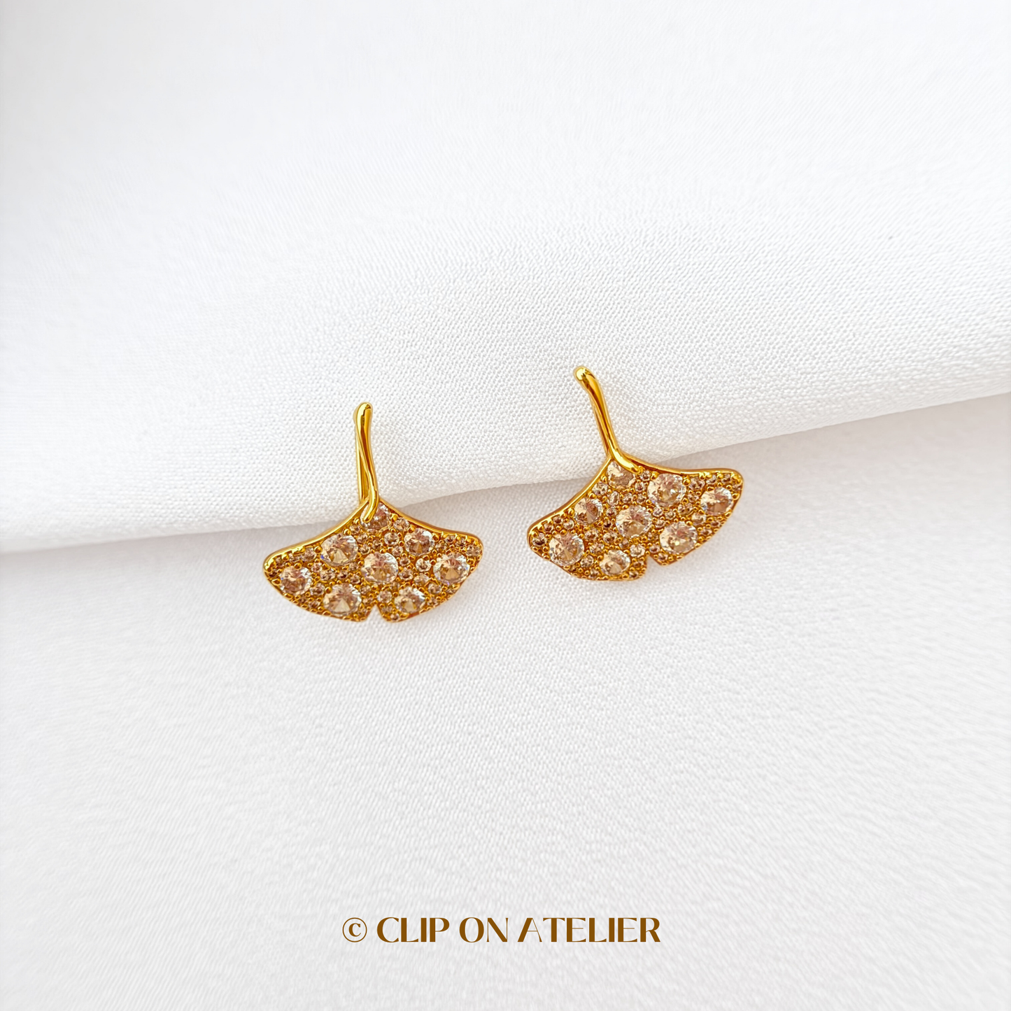 Luxe CZ Diamond Ginkgo Leaf Clip On Earrings