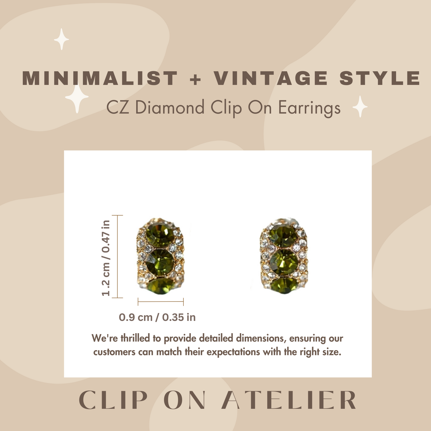 Minimalist Vintage Style Gold Diamond Clip On Earrings, Green & White