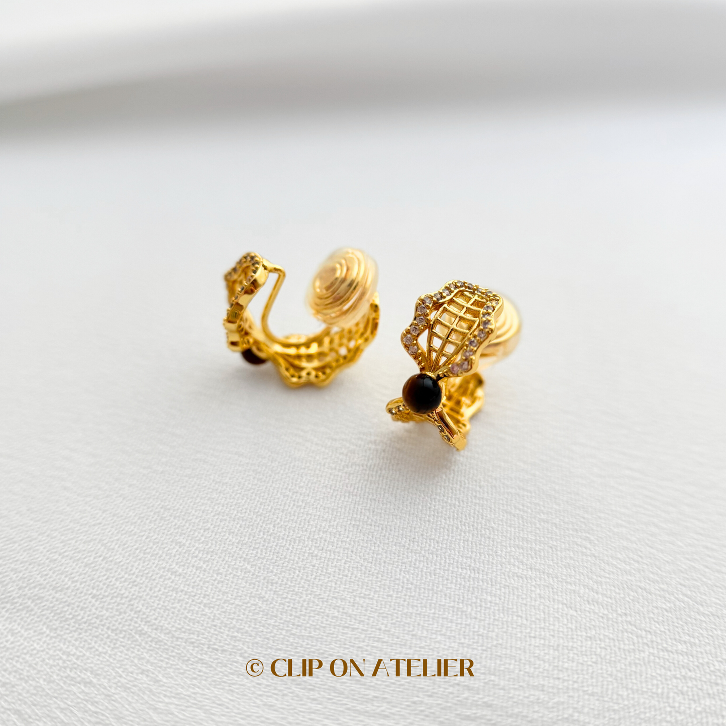 Tigers Eye Lace CZ Diamond Hoop Clip On Earrings