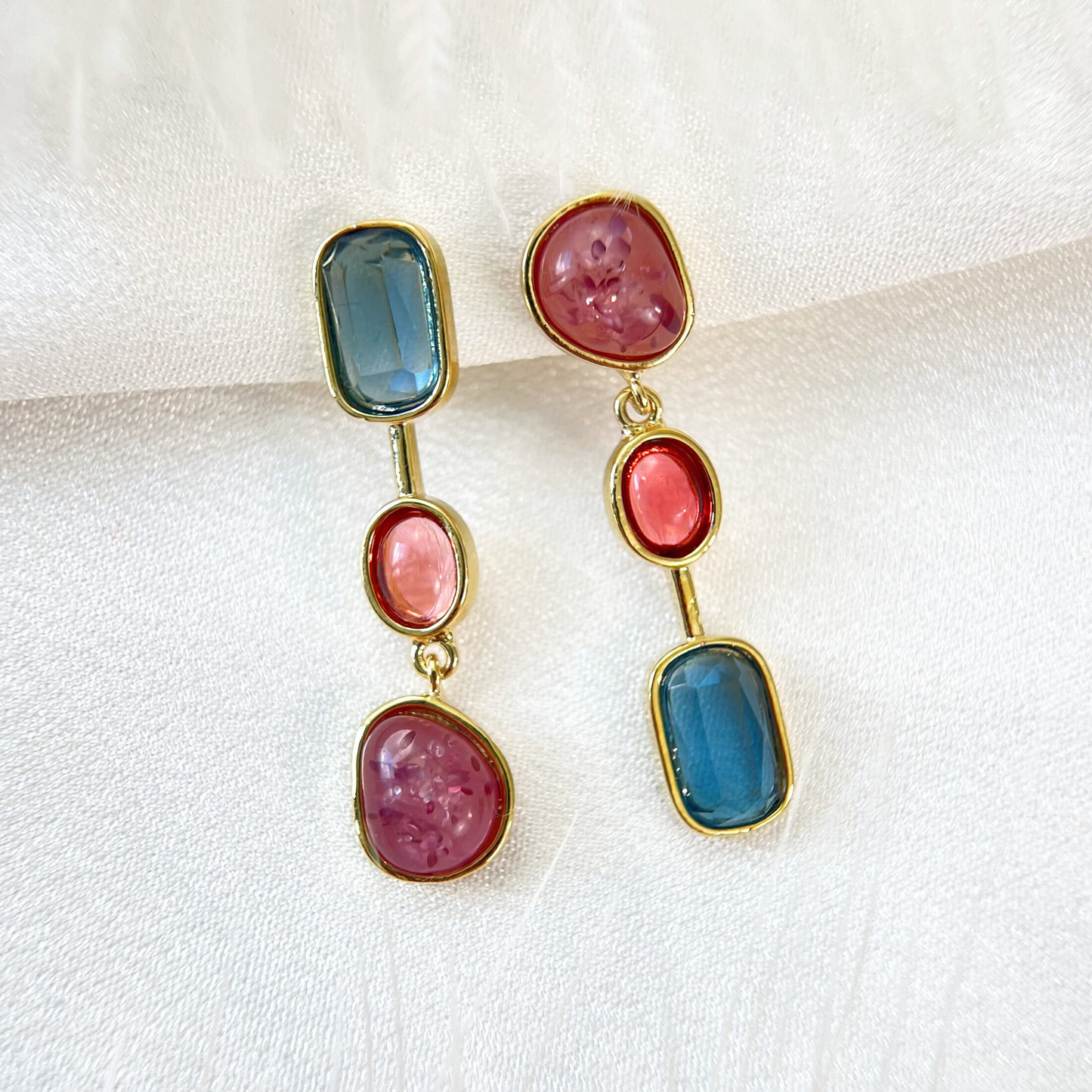 Mismatched Color Gemstone Clip On Earrings