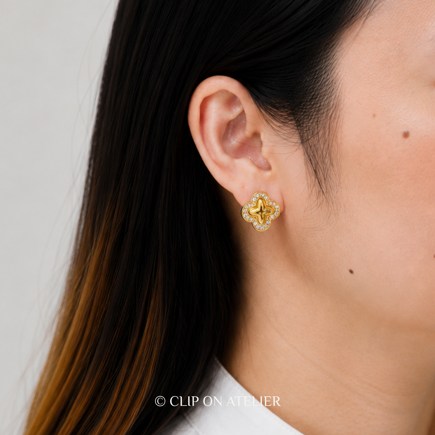 Dainty Gold Diamond Clover Clip On Earrings