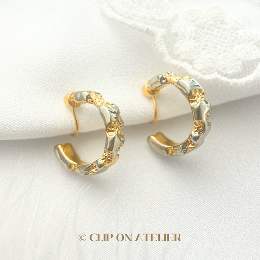 French Vintage Style Hoop Mixed Gold & Silver Clip On Earrings