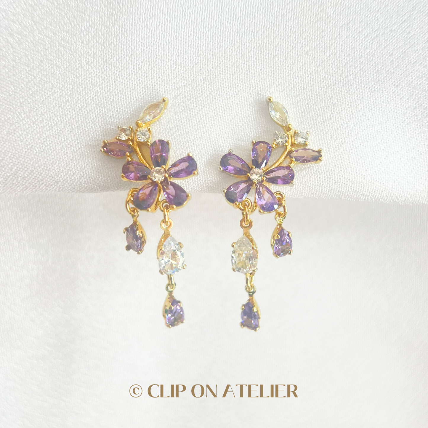 Luxe Purple Diamond Flower Dangle Clip On Earrings