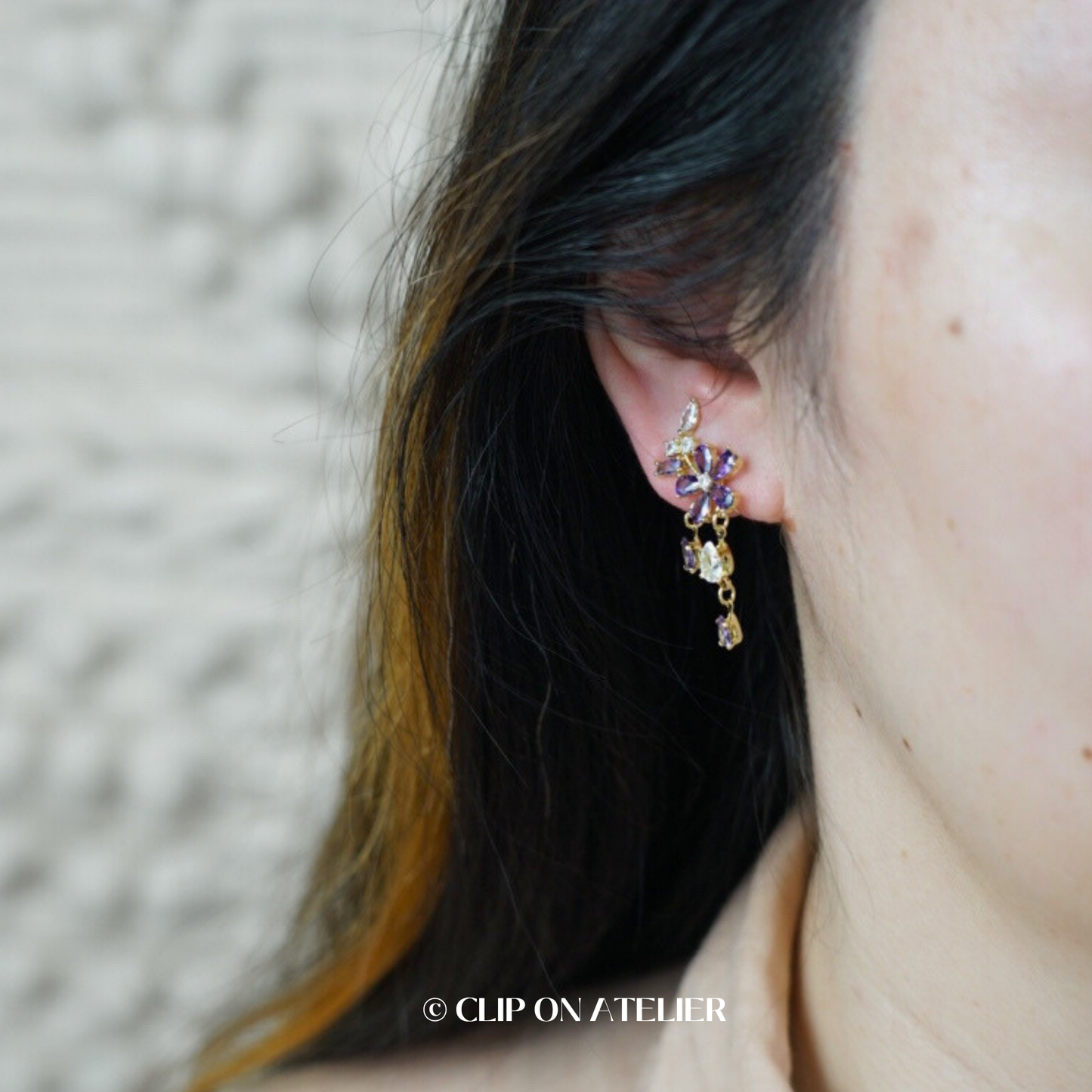 Luxe Purple Diamond Flower Dangle Clip On Earrings