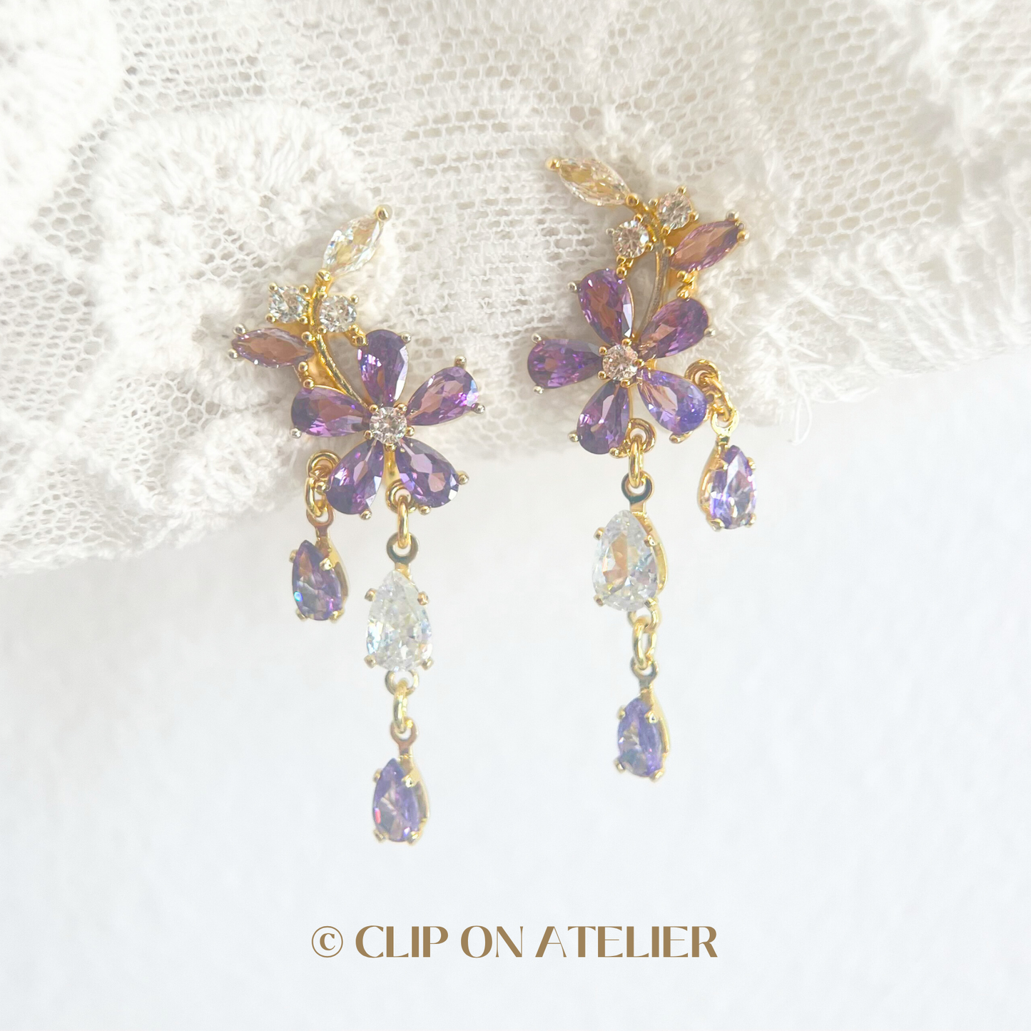 Luxe Purple Diamond Flower Dangle Clip On Earrings