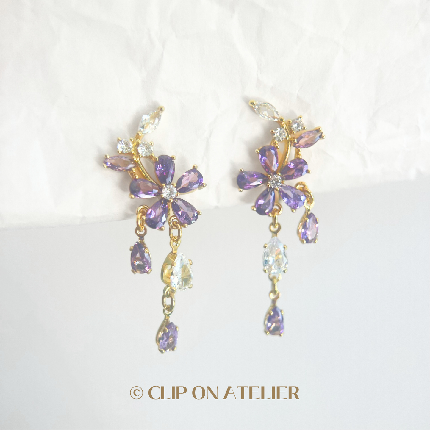 Luxe Purple Diamond Flower Dangle Clip On Earrings