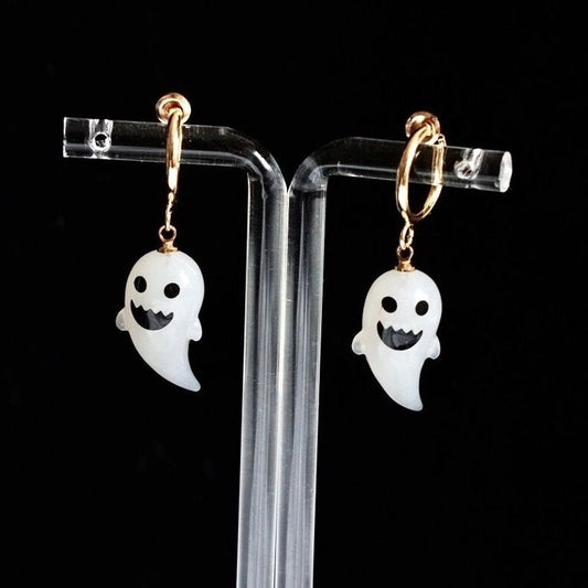 Halloween Clip On Earrings, Cute Pearl White Ghost Gold Minimalist Hoop Huggies, Non Pierced Ears No piercings, Invisible Dangle Ear Clips
