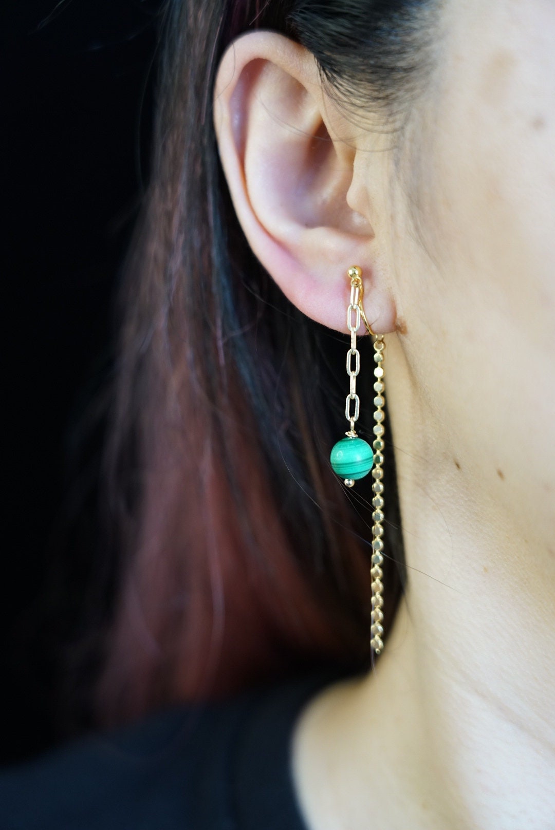 Boho Malachite Dangle Clip on Earrings