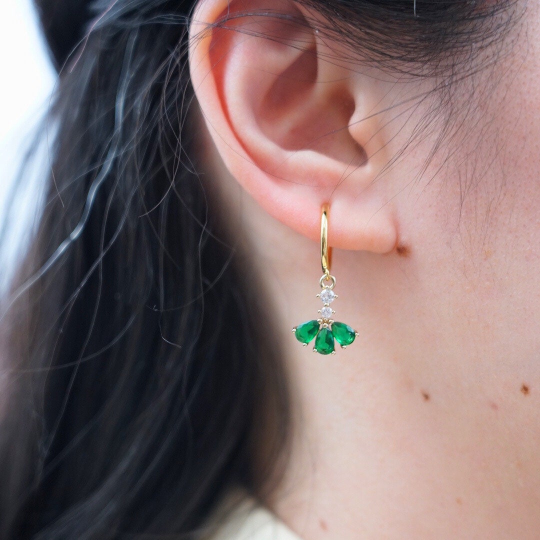 Art Deco Clip On Earrings Green CZ Diamond