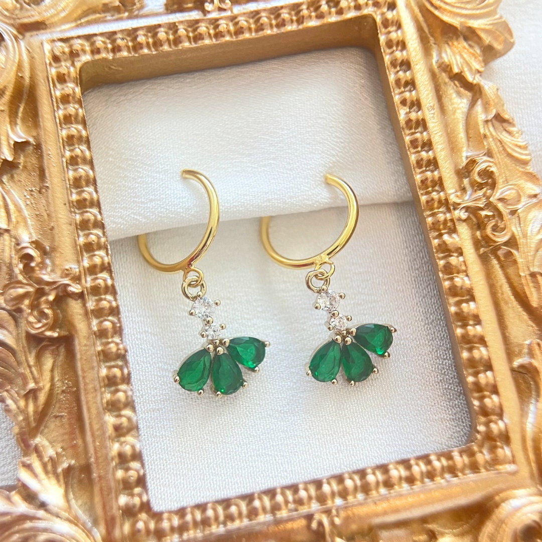 Art Deco Clip On Earrings Green CZ Diamond