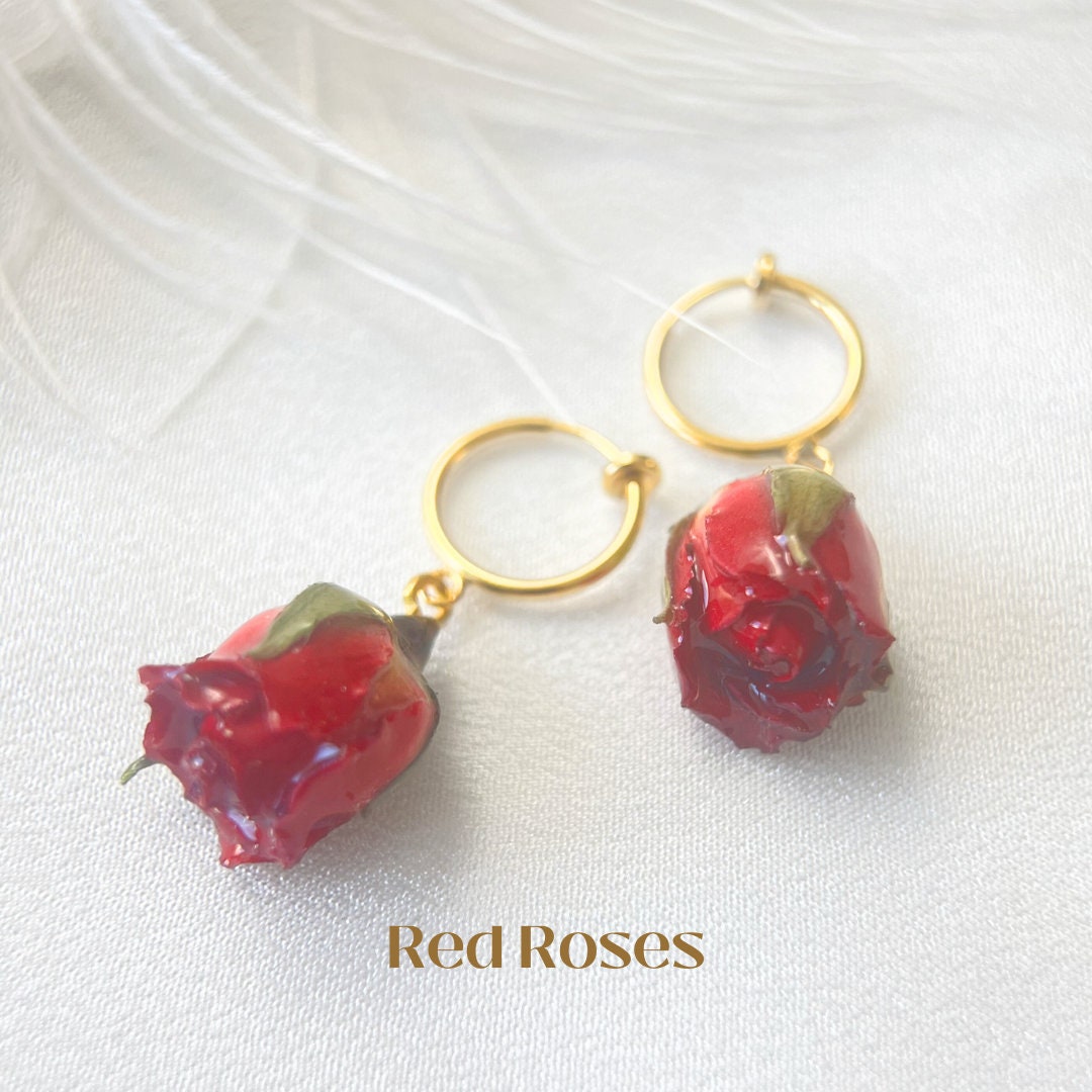 Clip On Earrings Dried Real Rose