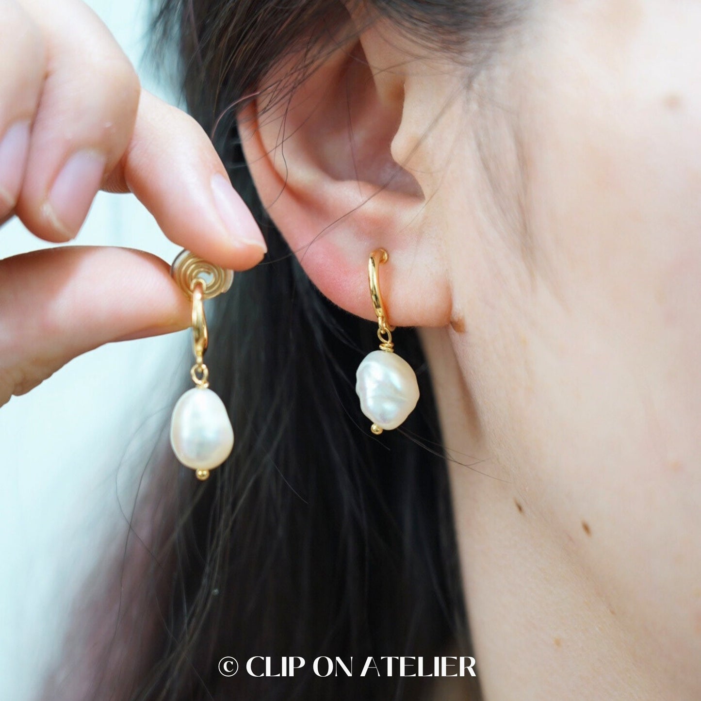 Clip On Earrings Natural Baroque Freshwater Pearl 14K Gold Plated Hoop Ear Clips | Pain Free Coil | Non Pierced Ears | Wedding Jewelry Gift
