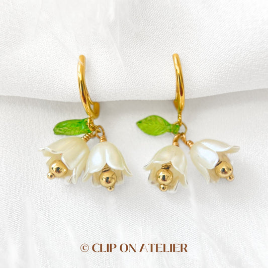 Clip On Earrings Lily of the Valley Gold Hoop Drop Bluebells Drop Clip On Earrings | Pain Free Clip Coil | Non Pierced Ears | Jewelry Gift