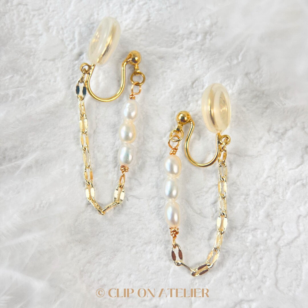 Minimalist Pearl Clip On Earrings, Ear Threader Style