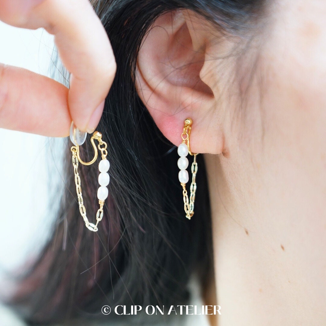 Minimalist Pearl Clip On Earrings, Ear Threader Style