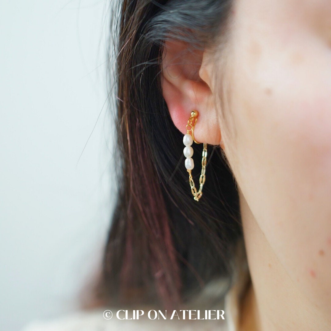 Minimalist Pearl Clip On Earrings, Ear Threader Style