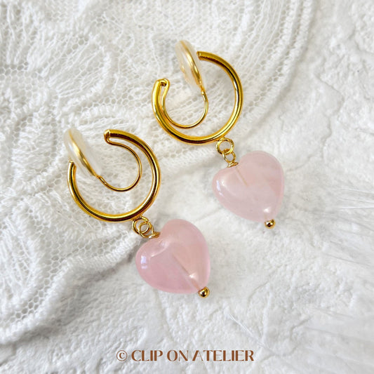 Clip On Earrings Minimalist Gold Hoop Pink Gemstone Heart