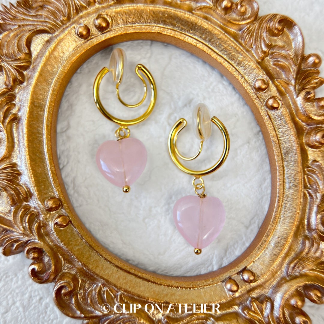 Clip On Earrings Minimalist Gold Hoop Pink Gemstone Heart