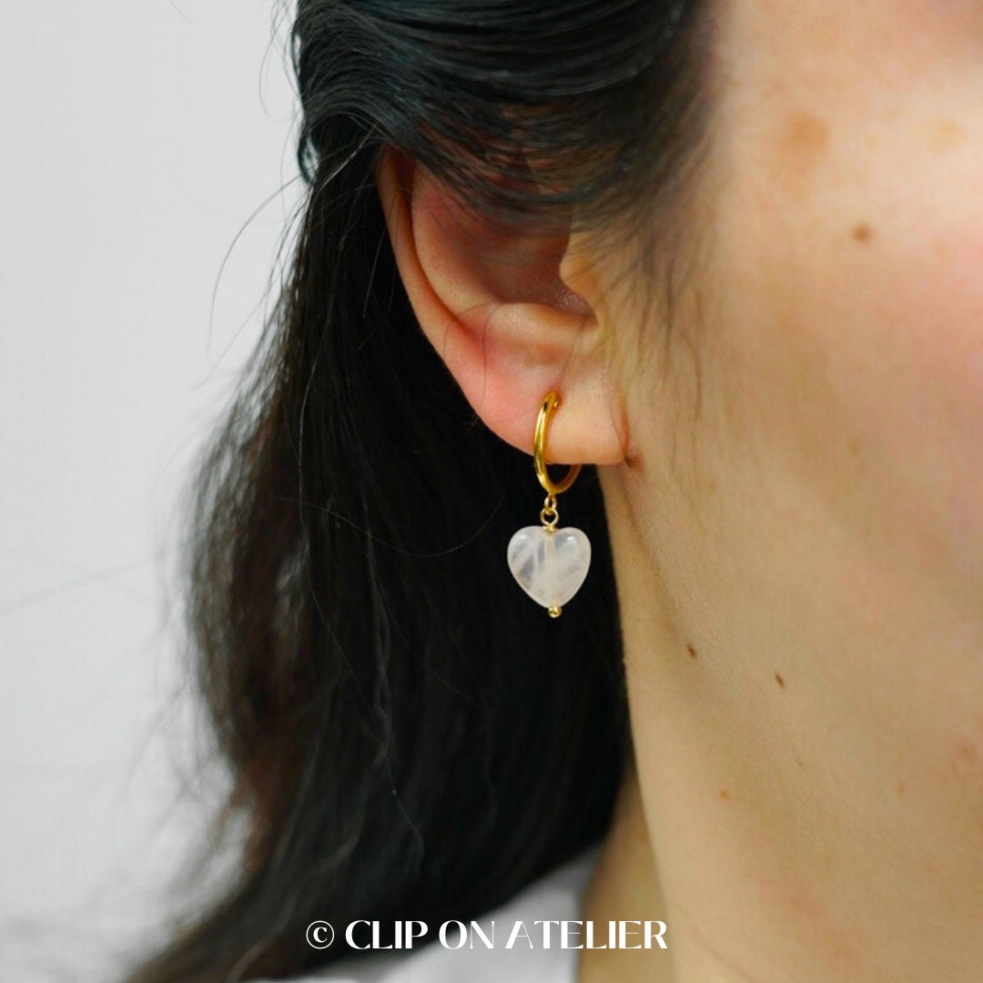 Clip On Earrings Minimalist Gold Hoop Pink Gemstone Heart