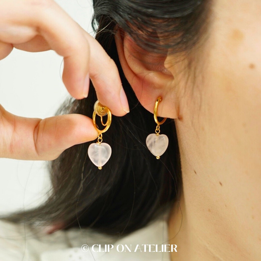 Clip On Earrings Minimalist Gold Hoop Pink Gemstone Heart