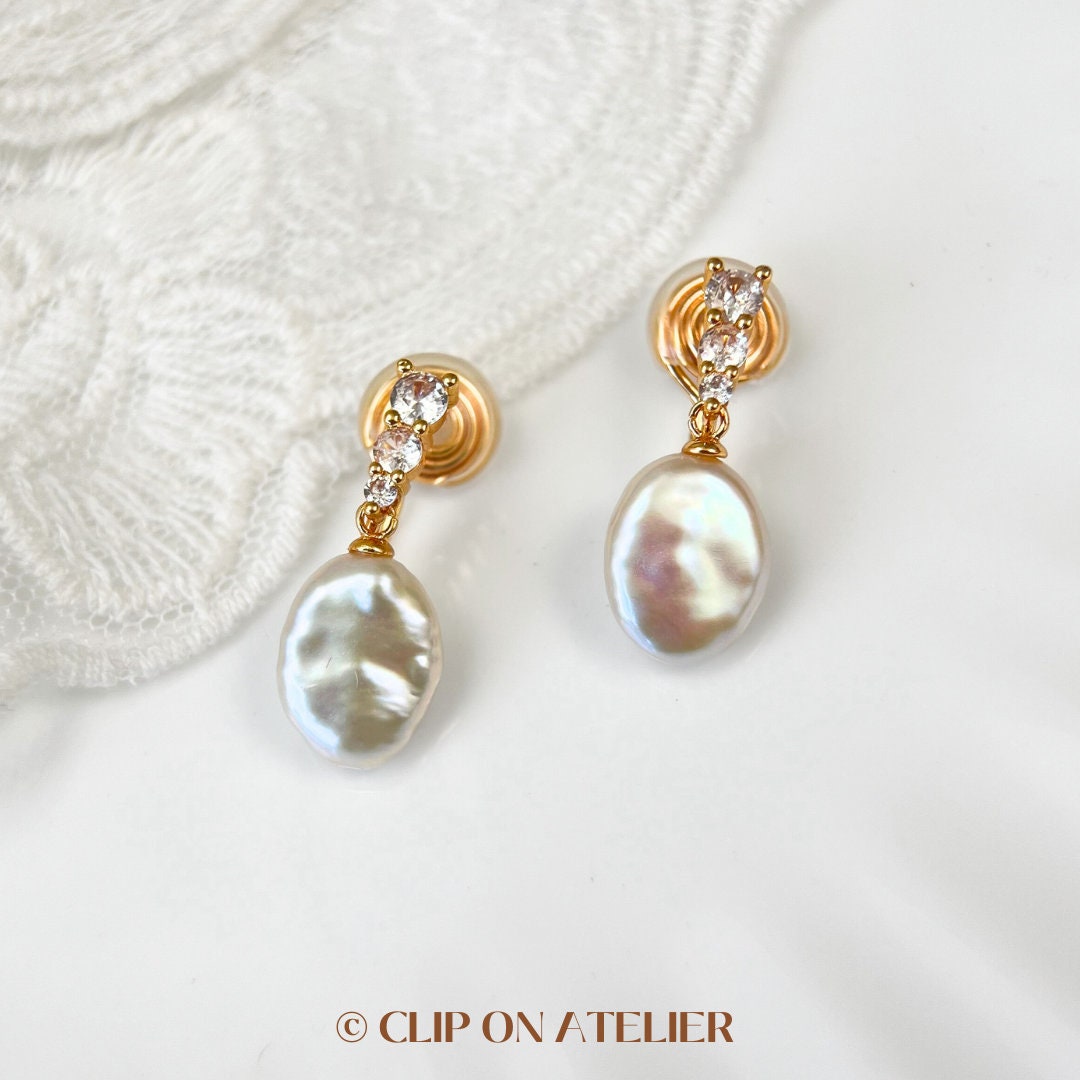 Clip On Earrings Pearl Natural Baroque Gold Plated CZ Diamond Ear Clips | Pain Free Coil | Non Pierced Ears | Bridal Wedding Jewelry Gift