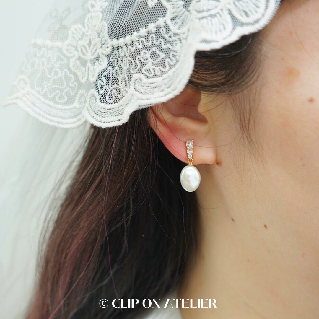 Clip On Earrings Pearl Natural Baroque Gold Plated CZ Diamond Ear Clips | Pain Free Coil | Non Pierced Ears | Bridal Wedding Jewelry Gift