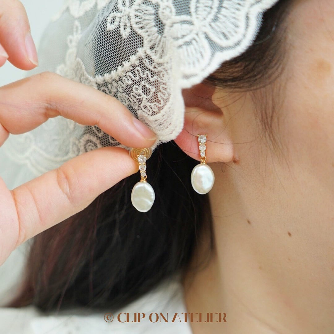 Clip On Earrings Pearl Natural Baroque Gold Plated CZ Diamond Ear Clips | Pain Free Coil | Non Pierced Ears | Bridal Wedding Jewelry Gift
