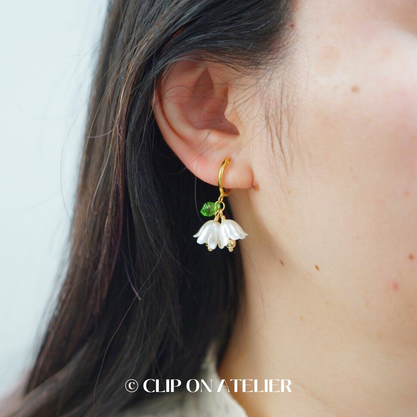 Clip On Earrings Lily of the Valley Gold Hoop Drop Bluebells Drop Clip On Earrings | Pain Free Clip Coil | Non Pierced Ears | Jewelry Gift