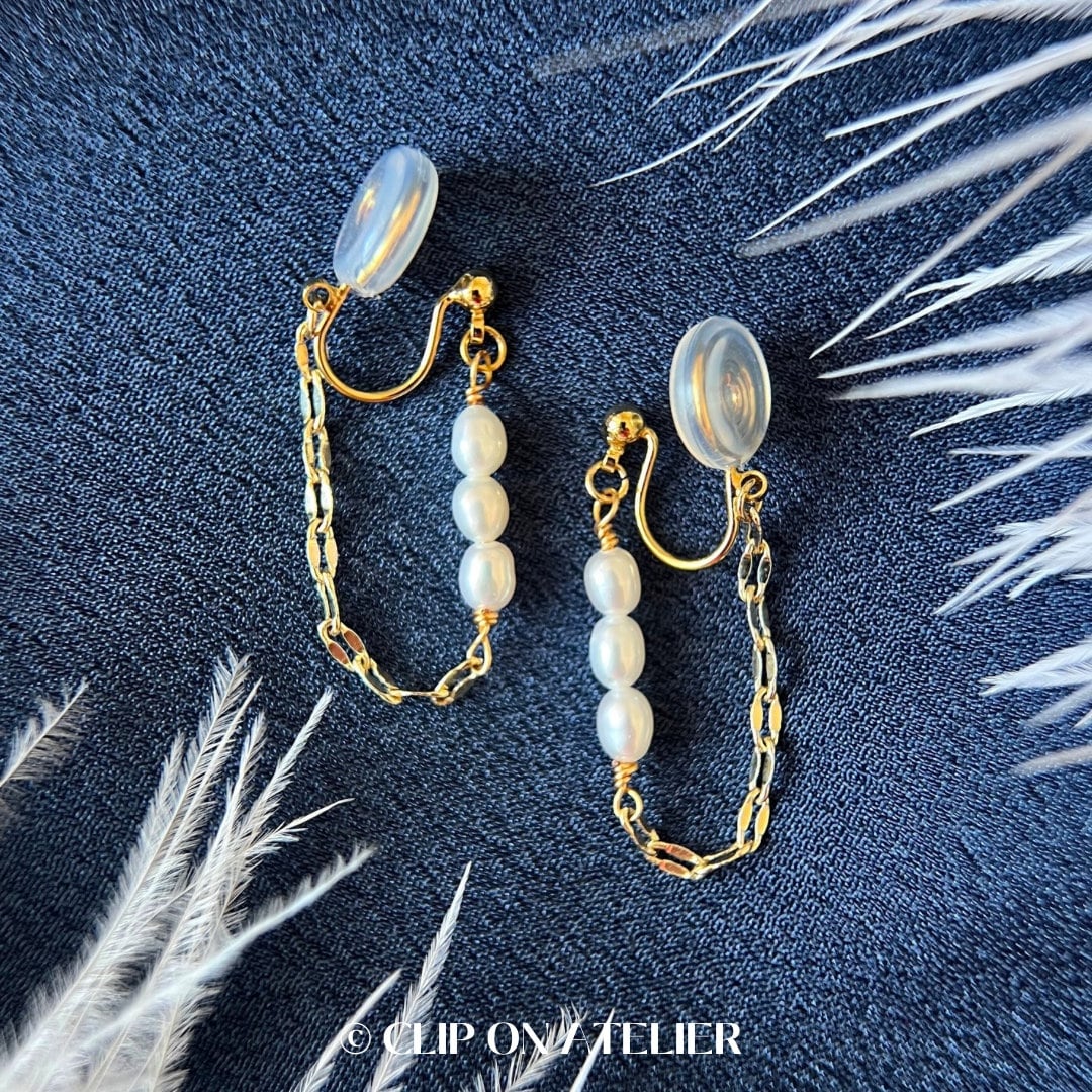 Minimalist Pearl Clip On Earrings, Ear Threader Style