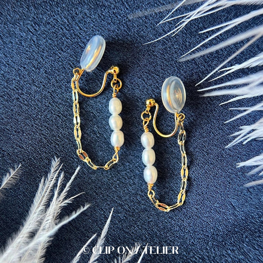 Minimalist Pearl Clip On Earrings, Ear Threader Style