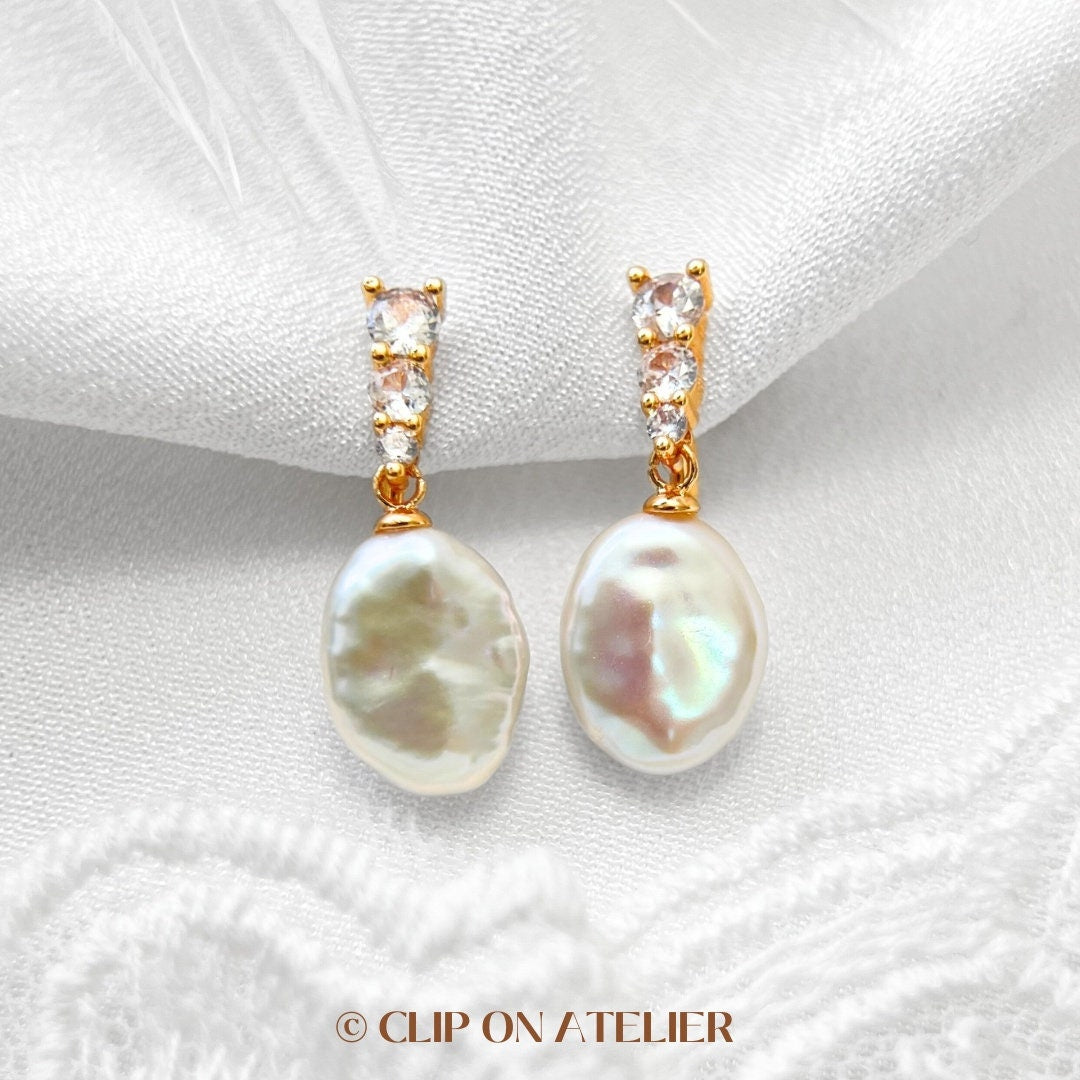 Clip On Earrings Pearl Natural Baroque Gold Plated CZ Diamond Ear Clips | Pain Free Coil | Non Pierced Ears | Bridal Wedding Jewelry Gift