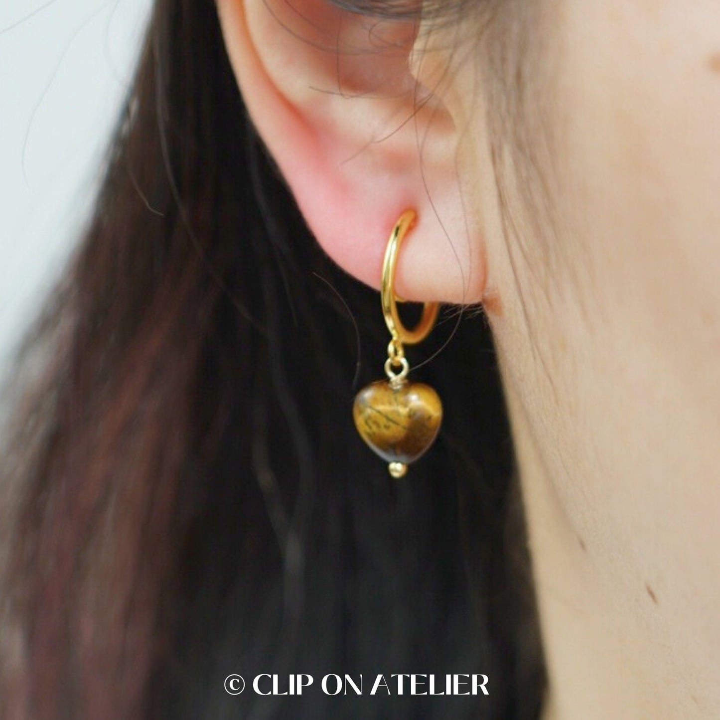 Tigers Eye Heart Gold Hoop Clip On Earring