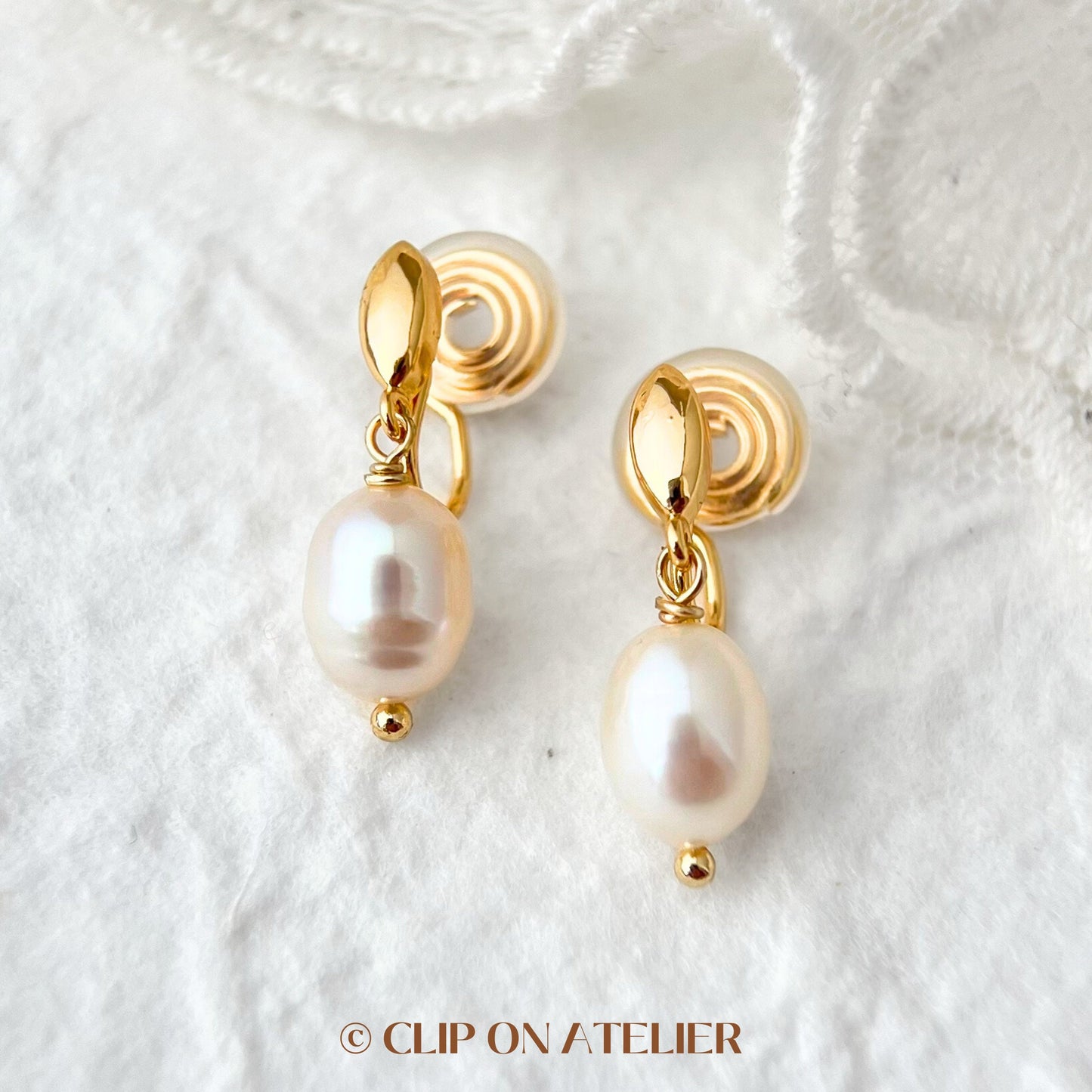 Clip On Earrings Minimalist Natural Pearl Gold Silver Plated Hoop Dangle Ear Clips | Pain Free Coil Non Pierced Ears | Wedding Jewelry Gift